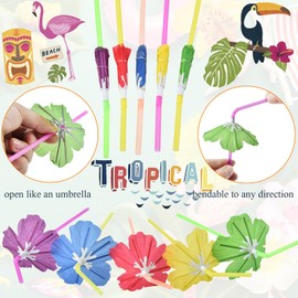 ALINK 50pcs Umbrella Straws, Long Cocktail Drink Umbrellas Fancy Flower Bar Straws for Tropical Summber Beach Luau Tiki Hawaiian Party Decorations - Hibiscus
