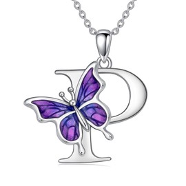 LONAGO Initial P Necklace for Women 925 Sterling Silver Purple Butterfly with A-Z 26 Letters Pendant Necklace for Graduation Gifts