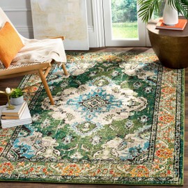 Safavieh Monaco Collection MNC243F Bohemian Chic Medallion Distressed Area Rug, 6' 7" x 9' 2", Forest Green/Light Blue