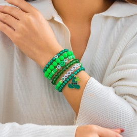 FFLaiwah 6 Pcs Shamrock Charm Bracelet Set Irish Green Beads Stackable Bracelets St. Patrick's Day Clover Good Luck Jewelry Gifts