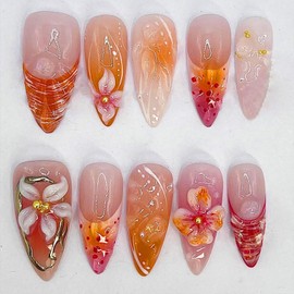24Pcs Red Flower Press on Nails Medium Almond French Tip Fake Nails with 3D Gilding Rhinestones Design Spring Summer False Nails Full Cover Artificial Glue on Nails Handmade Stick on Nail for Women