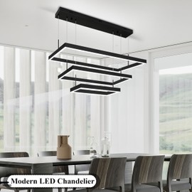 Mccokaige Black 3 Ring Modern LED Chandelier Dimmable Rectangular Light Fixture for Living Room Dining High Ceiling - Adjustable Contemporary Pendant Light