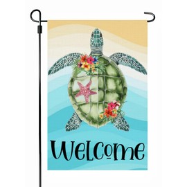Welcome Sea Turtle Summer Beach Garden Flag, 12 x 18 Inch Burlap Double Side Printed, Summer Feeling Seasonal Farmhouse Lawn Yard Indoor Outdoor Decor Flag (B)