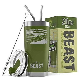Maddmax Car Art 1966-77 Ford Bronco 4x4 American Flag BEAST 20 oz Stainless Steel Insulated Tumbler w/Lid, 2 Straws, Brush and Gift Box army