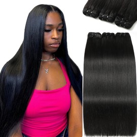 FMIDKOU 12A Straight Human Hair 16 18 20 Inch Human Hair bundles Unprocessed Brazilian Hair 3 Bundles Raw Human Hair Extensions Quick Weave Natural Color