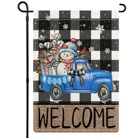 YOVOYOA Winter Buffalo Plaid Garden Flags 12x18 Double Sided for outside, Welcome Snowman Pine Tree Truck Lawn Flags, New Year Holiday Yard Flags, Farmhouse Garden Decor