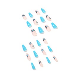 JUSTUSNX 24pcs Square French Fake Nails Pink Blue Gradient False Nails Shiny Daisy Flower Butterfly Crystal Press on Nails for Women and Girls (A)