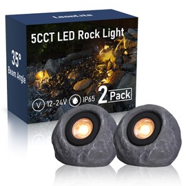 LEONLITE 5CCT LED Rock Lights Outdoor, 5W Low Voltage Landscape Spot Light for Garden, Yard, Decorative Stone Light, 12-24V AC/DC, CRI90, 200lm, IP65 Waterproof, Round, Dark Gray, Pack of 2