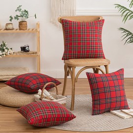 Set of 4 Christmas Scottish Tartan Cushion Covers, RedTartan Check Cushions, Classic and Durable, Soft and Comfortable, Can Be Used in The Living Room Sofa (Large Tartan, 45 * 45cm)