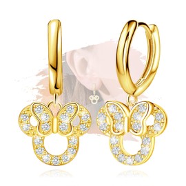 Sterling Silver Mouse Dangle Hoop Earrings for Women Sparkling Cubic Zirconia Bow Hoop Charms Earrings Hypoallergenic Animal Loop Dangling Earring Fashion Gifts for Her Daughter Granddaughter