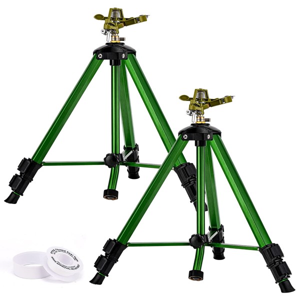 Keten Impact Sprinkler on Tripod Base, 2 Pack Tripod Sprinkler with 300 Degree Large Area Coverage, Extra Tall Heavy Duty Water Sprinkler for Lawn/Yard/Garden