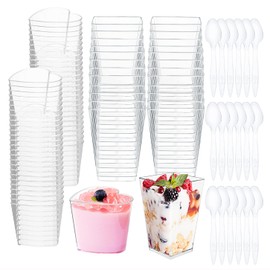 Ahongwenxi 300 Pack Dessert Cups with Spoons, 5 OZ Clear Plastic Dessert Parfait Cup Appetizer Cup for Party, Mini Reusable Square Heart Dessert Cups for Fruit Ice Cream Pudding Cup Bowls