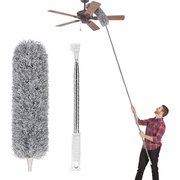 Microfiber Duster with Extension Pole(Stainless Steel), Extra Long 100 inches, with Bendable Head, Extendable Duster for Cleaning High Ceiling Fan, Interior Roof, Cobweb, Gap Dust- Wet or Dry Use