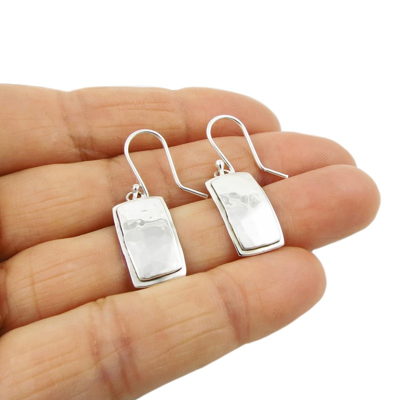 Rectangle Hammered 925 Sterling Silver Dangle Earrings