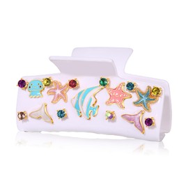 Ocean Marine Life Square Hair Claw Clips Fun Colorful Crystal Starfish Seashell Mermaid Tail Jellyfish Fish Claw Clip Summer Beach Sea Creatures Hair Barrettes for Holiday Birthday Party