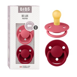 BIBS De Lux Pacifier Pack of 2, BPA-Free, Cherry Shape Nipple. Natural Rubber/Latex, Made in Denmark. 0-6 Months (Pack of 2), Coral/Ruby