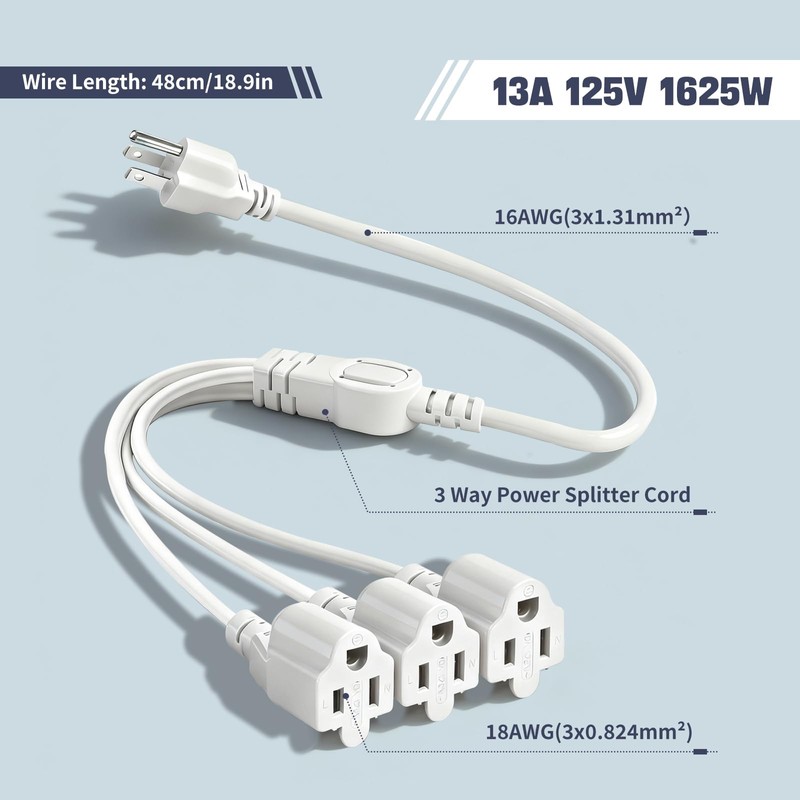 3 Prong Outlet Splitter Extension Cord,1-to-3 Indoor Outdoor Extension Cord