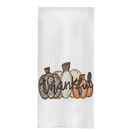 Thankful Pumpkin Thanksgiving Kitchen & Bathroom Towels - Beige, Orange Leopard Pattern - 16x24 inches