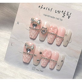[In-store special discount]Pink tweed handmade nail tips - short coffin / [입점초특가할인]핑크 트위드 수제네일팁 - 숏코핀