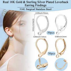 Beebeecraft 100Pcs 2 Colors Leverback Earring Hooks Stainless Steel 18K Gold & 925 Sterling Silver Plated French Earring Hooks Ear Wire Findings for Jewellery Making DIY Crafts