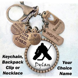 Hockey Goalie Custom Name Keychain, Backpack Clip or Necklace, Live Your Dream, Live With No Regrets, Boys, Teens, Men, Hockey Goalie Gift