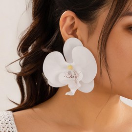 Retro Large Flower Earring for Women Big Flower Earrings Hawaiian Flower Thunder Earrings Tebo Ximi Extra Large Flower Earrings Statement Flower Stud Earrings Jewelry Gifts (White)
