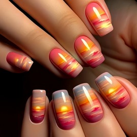 Press on Nails Medium Fake Nails Short Acrylic Nails Press ons Glossy Glue on Nails Summer False Nails with Ombre Designs Reusable Artificial Nails Full Cover Stick on Nails for Women 24 Pcs