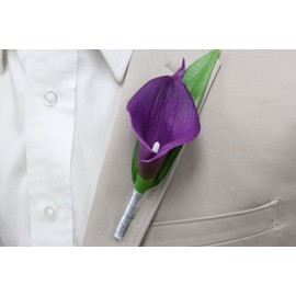 Angel Isabella Boutonniere-Real Touch Purple Hand-Made Keepsake Boutonniere Pearl Headed Pin Included (Silver Grey Ribbon Wrapped)