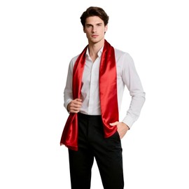 LA FERANI Men's Scarf 100% Silk Chiffon Neckerchief Silk Scarf 180 x 80 cm Plain Colour for Suit Dark Blue Cloth Silk Scarf Stole Business Style Gift for Him, red