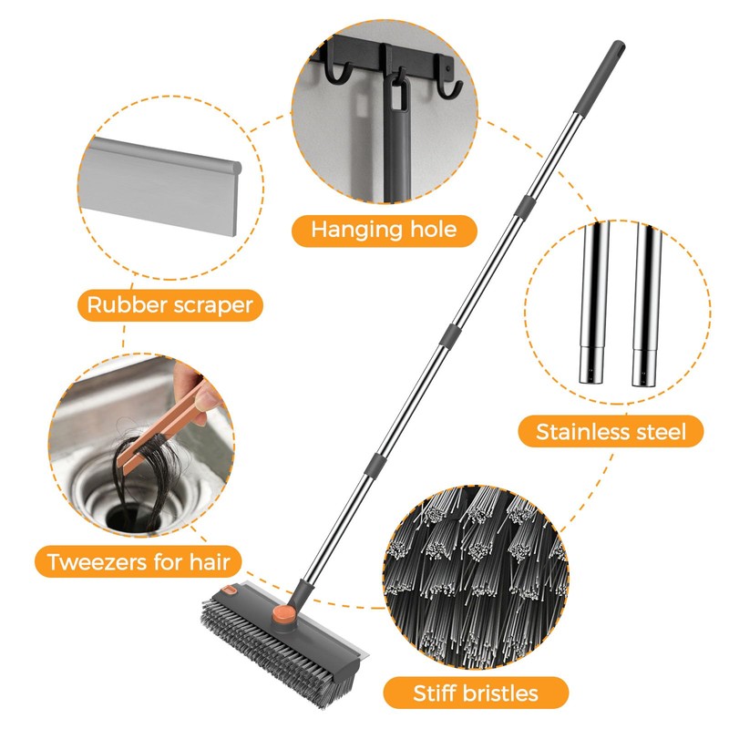 Floor Scrub Brush with Scraper and Stiff Bristle, Grey&Orange