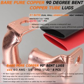 90° Pure Copper Cable Lugs 8pcs 4/0 AWG-3/8 90 Degree Bent Battery Lugs,Heavy Duty Wire Lugs,Ring Terminal,4/0 Guage terminals 90° Battery Cable Ends/Terminal Connectors with 8pcs 3:1 Heat Shrinks