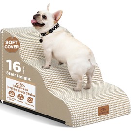 3-Step Dog Stairs for Small Dogs 16" H, Curved Pet Steps for Old/Injured Dogs Cats Climbing Bed, Chair or Couch, Premium Foam Non-Slip Ramp for Indoor Pets up to 50lbs, Beige