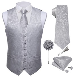 DiBanGu Mens Paisley Vest Tie Set with Lapel Pin Tie Clip 7PCS Silk Woven Necktie and V-Neck Suit Waistcoat for Tuxedo Party, Grey, XX-Large