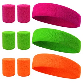 LAMEK 9pcs Headband and Wristbands Set Neon 80s Party Sweatbands Kit Sports Sweatband Head Band Wrist Bands Set for Kids Women Men Fun Run Fancy Dress Costume World Book Boy Girl Costume Accessories