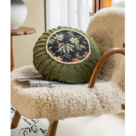vctops Round Throw Pillow with Zipper Vintage Spring Floral Pillow Cushion Soft Velvet Pleated Throw Pillows for Couch Chair Bed Car (Green,18")
