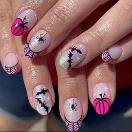 Pink French Tip Press on Nails Short Oval Fake Nails with Spider Web Bat Designs, Glitter Pumpkin False Nails Full Cover Stick on Nails Acrylic Reusable Artificial Nails for Women Girls 24Pcs