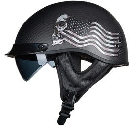 VCOROS Carbon Fiber Open Face Retro Motorcycle Helmets Men Women Half Face Helmets for Motorbike Cruiser Chopper Moped Scooter ATV (Flag Skull, M)