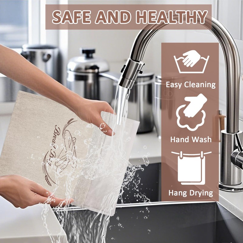 XL Reusable Linen Bread Bags with Plastic Liner, Large Drawstring