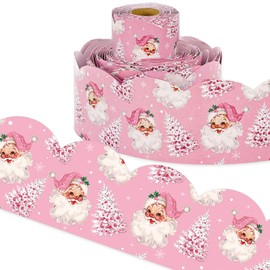 AnyDesign 65Ft Christmas Bulletin Borders Pink Santa Claus Decorative Border Trim Xmas Tree Board Decor for School Wall Blackboard Classroom DIY Crafts, 1 Roll