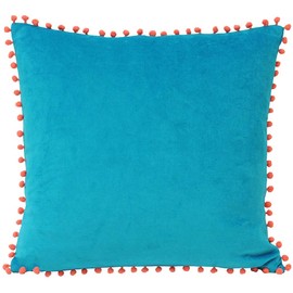 Riva Paoletti Velvet Pompom Cushion Cover - Teal Blue - Faux Velvet Fabric - Contrasting Coral Orange Pompom Edges - Hidden Zip Closure - 100% Soft Cotton - 45 x 45cm (18" x 18" inches)