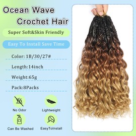 FLWAI Pre Looped Ocean Wave Crochet Hair 14 Inch 8 Packs Boho Style Hair Extensions Short Curly Crochet Hair Pre Twisted Synthetic Deep Wavy Curly Braiding Hair for Women (1B/30/27)