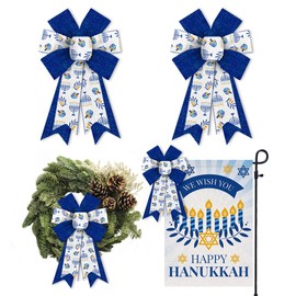 Glodecart 2PCS Hanukkah Bow for Wreath, Burlap Blue Dreidel Menorah Wreath Bow for Hanukkah Party Décor, Chanukah Christmas Wreath Bow for Front Door Indoor Outdoor Wall Tree Topper Supplies Ornament