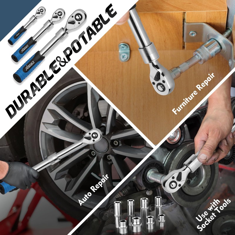 DISEN 3PCS Extendable Ratchet Wrench Set,1/4" 3/8" 1/2" Drive 72-Tooth,