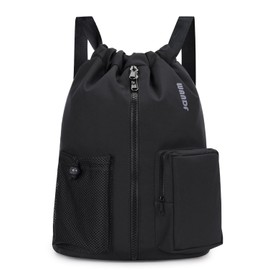 WANDF Drawstring Gym Bag Sports Backpack with Shoes Compartment Water-resistant Swimming Bag for Men Women Ideal for PE School Travel Beach (Black)