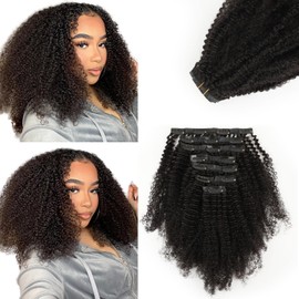 Yuniffe Seamless Clip in Hair Extensions Human Hair Afro Curly Clip in Hair Extensions Real Human Hair 120g 7Pcs Natural Black Afro Kinky Curly Clip ins Human Hair for Black Women PU Weft 16 Inch