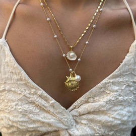Starfish Necklace Gold Beach Jewelry for Women Pearl Seashell Necklace Cowrie Shell Beach Necklaces Ocean Summer Starfish Jewelry (2-2 layer gold)