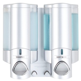 Better Living Aviva Shower Dispenser 2 Chamber, Wall Mount Shower Soap Dispenser for Bathroom Hotel Body Wash, Built-in Hooks, No Drill, Waterproof Shampoo Soap Dispenser, 2 x 11 oz, Satin Silver