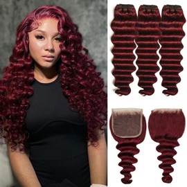 Loose Deep Human Hair Bundles with Closure,10A Brazilian Raw Quick 99j Burgundy Human Hair with 4x4 HD Lace Closure 22 24 26+20inch Win Red Loose Wave Colored Hair Bundle