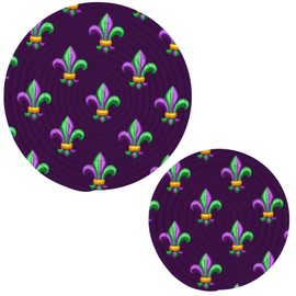 Naanle 2 Pcs Mardi Gras Carnival Fleur-de-lis Purple Round Woven Pot Holders Trivets Set, Cotton Coasters Placemats for Cooking Baking Hot Dish Pan Pot Bowl Teapot(7&9 Inches Diameter)