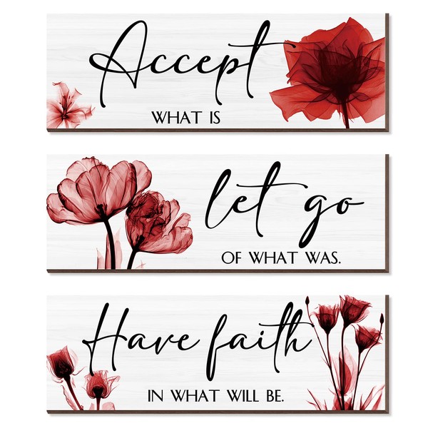3 Pcs Rustic Flower Wall Art Accept Let Go Have Faith Bedroom Wall Decor Wooden Inspirational Quotes Decorations for Living Room Bathroom Wood Hanging Farmhouse Bedroom Art, 12 x 4 Inches (Red)